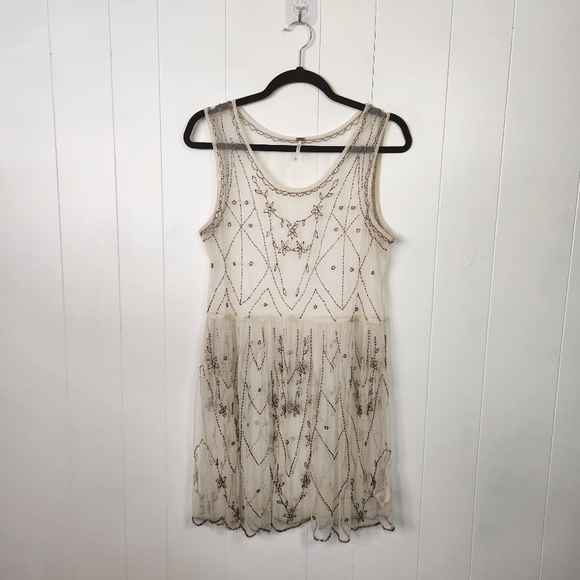 Free People Sheer Mesh Beaded Art Deco Mini Dress Sleeveless Eras Boho Large - Picture 3 of 15